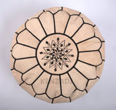 Moroccan leather pouf, round pouf, berber pouf, Beige with Black embroidery by Kenzadi - Handmade by My Poufs